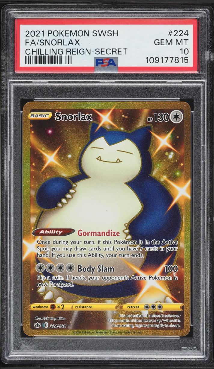 2021 Pokemon Sword & Shield Chilling Reign Gold Rare Snorlax #224 PSA 10 GEM MINT