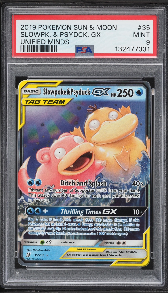 2019 Pokemon Sun & Moon Unified Minds Holo Slowpoke & Psyduck GX #35 PSA 9 MINT