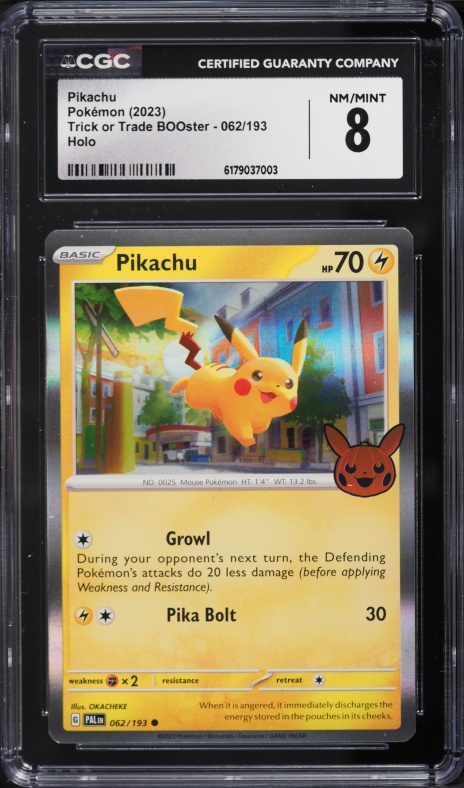 2023 Pokemon Scarlet & Violet Paldea Evolved Trick Or Trade BOOster Holo Pikachu #62 CGC 8