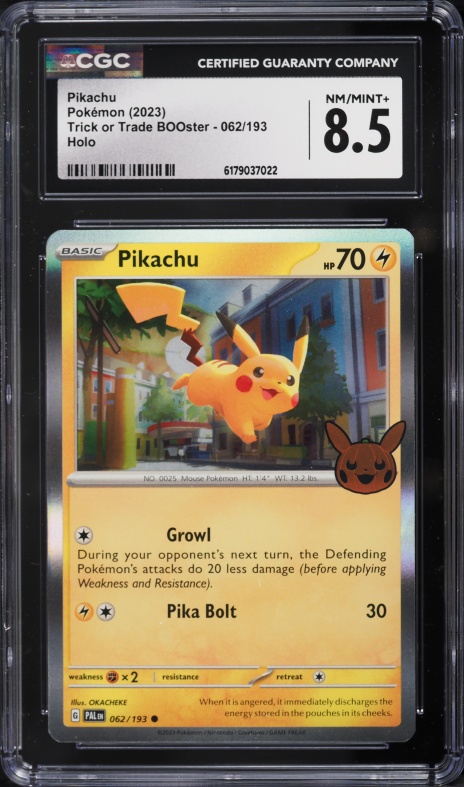 2023 Pokemon Scarlet & Violet Paldea Evolved Trick Or Trade BOOster Holo Pikachu #62 CGC 8.5