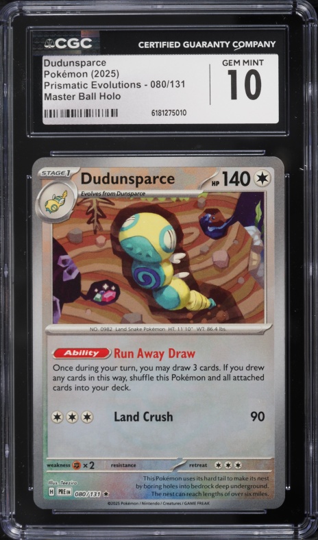 2025 Pokemon SV Prismatic Evolutions Master Ball Holo Dudunsparce #80 CGC 10 GEM MINT