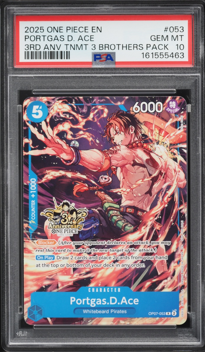 2025 One Piece 3rd Anniversary Tournament 3 Brothers Pack Portgas D. Ace #OP07-053 PSA 10 GEM