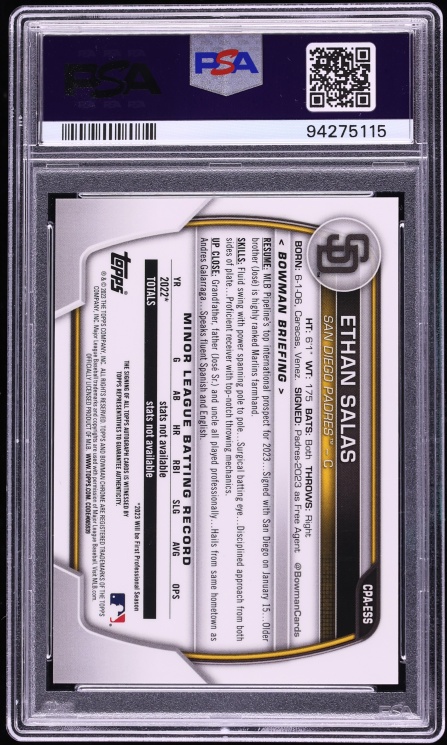 2023 Bowman Chrome HTA Choice Refractor Ethan Salas PROSPECT AUTO /150 #CPA-ES PSA 10 GEM MINT