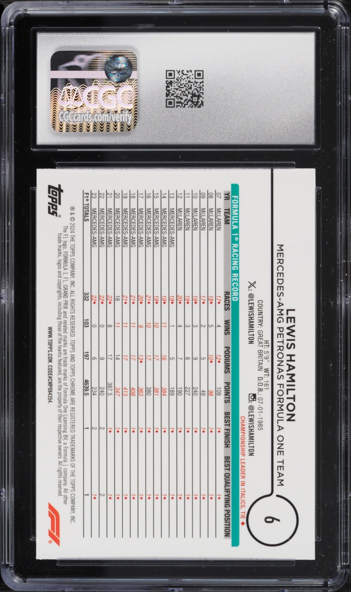 2024 Topps Chrome Formula 1 F1 Purple Green Refractor Lewis Hamilton #6 CGC 9 MINT