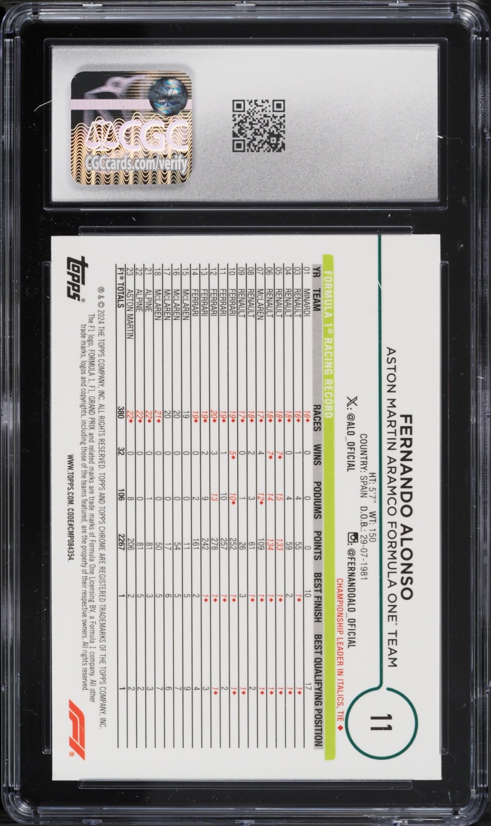 2024 Topps Chrome Formula 1 F1 Purple Green Refractor Fernando Alonso #11 CGC 9 MINT