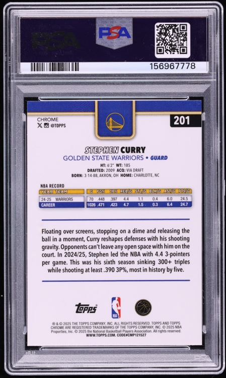 2025 Topps Chrome Xfractor Stephen Curry #201 PSA 10 GEM MINT