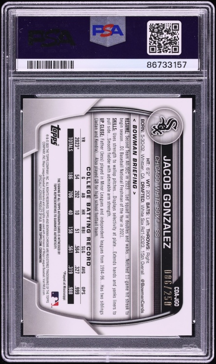 2023 Bowman Chrome Draft Purple Jacob Gonzalez PROSPECT AUTO DNA 10 /250 #CDA-JGO PSA 10 GEM
