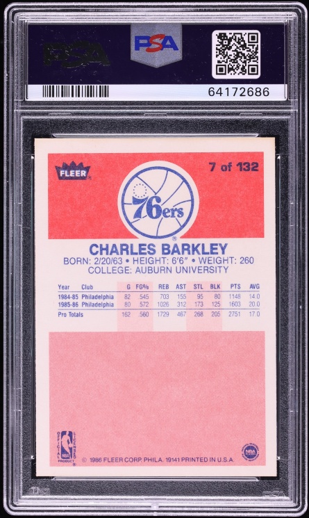 1986 Fleer Basketball Charles Barkley ROOKIE #7 PSA 9 MINT