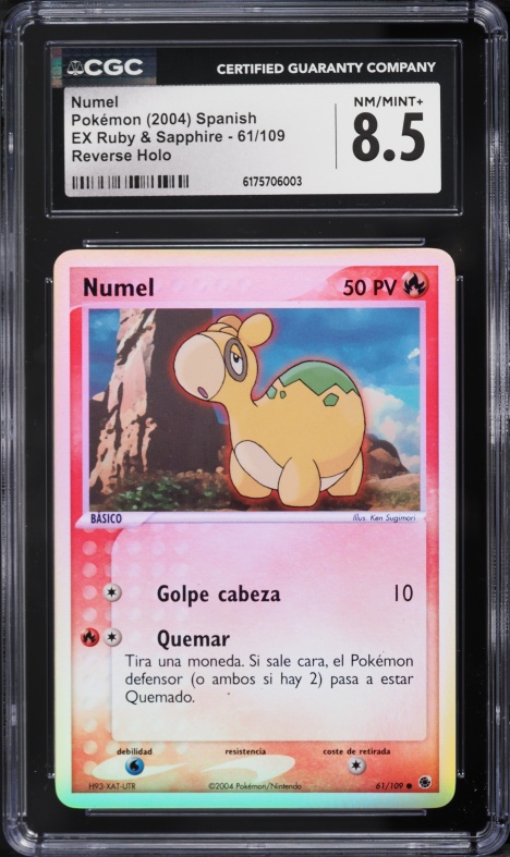 2004 Pokemon Spanish EX Ruby & Sapphire Reverse Holo Numel #61 CGC 8.5 NM-MT+