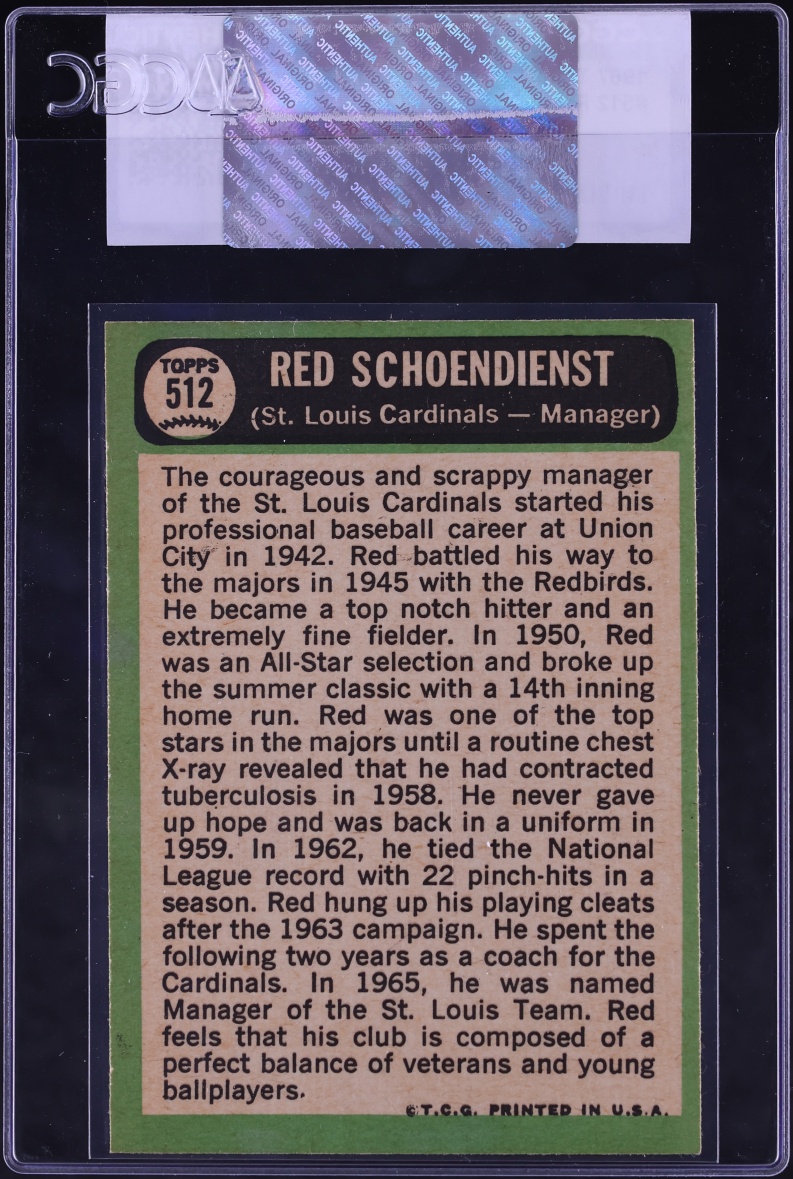 1967 Topps Red Schoendienst #512 CGC AUTH