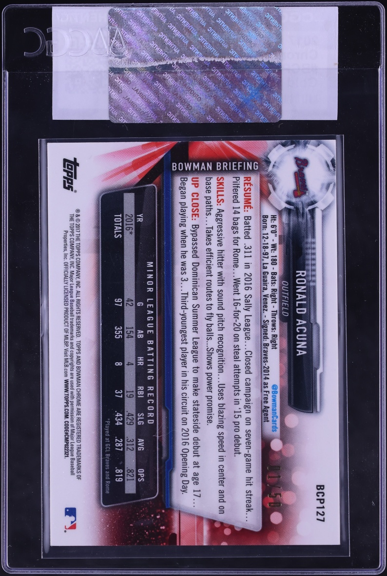 2017 Bowman Chrome Prospects Gold Refractor Ronald Acuna 1/50 #BCP127 CGC AUTH