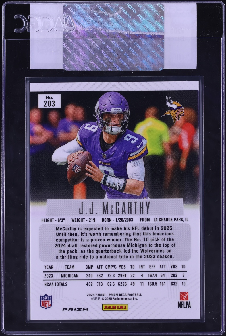 2024 Panini Prizm Deca Black Gold J.J. McCarthy ROOKIE #203 CGC AUTH