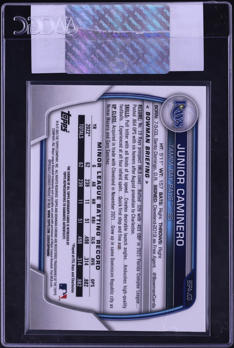 2023 Bowman Sapphire Junior Caminero PROSPECT AUTO #BSPA-JCO CGC AUTH