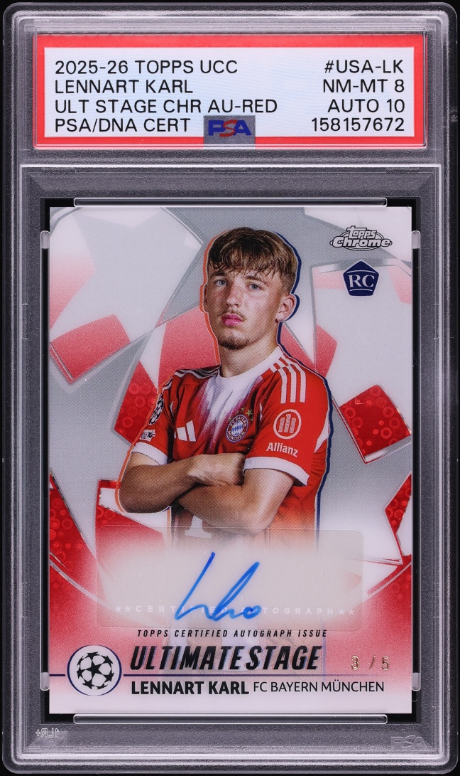 2025 Topps Chrome UEFA CC Ultimate Stage Red Lennart Karl ROOKIE AUTO DNA 10 /5 #USA-LK PSA 8