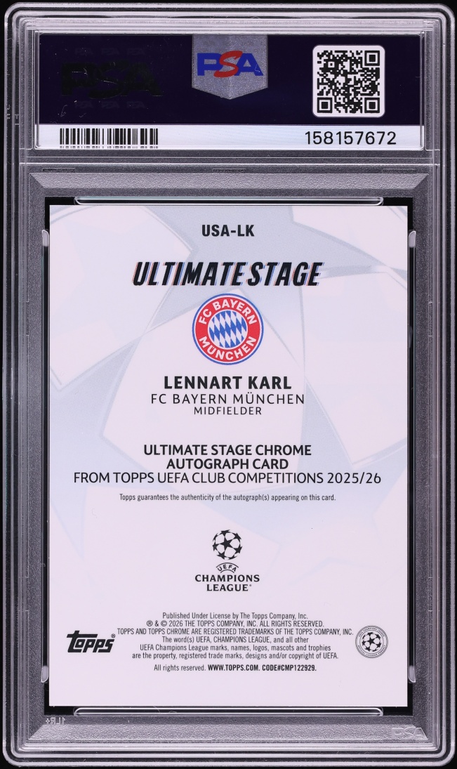 2025 Topps Chrome UEFA CC Ultimate Stage Red Lennart Karl ROOKIE AUTO DNA 10 /5 #USA-LK PSA 8