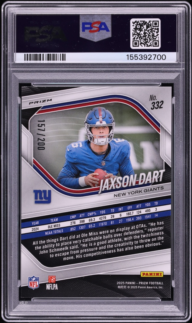 2025 Panini Prizm Hyper Jaxson Dart ROOKIE /200 #332 PSA 10 GEM MINT