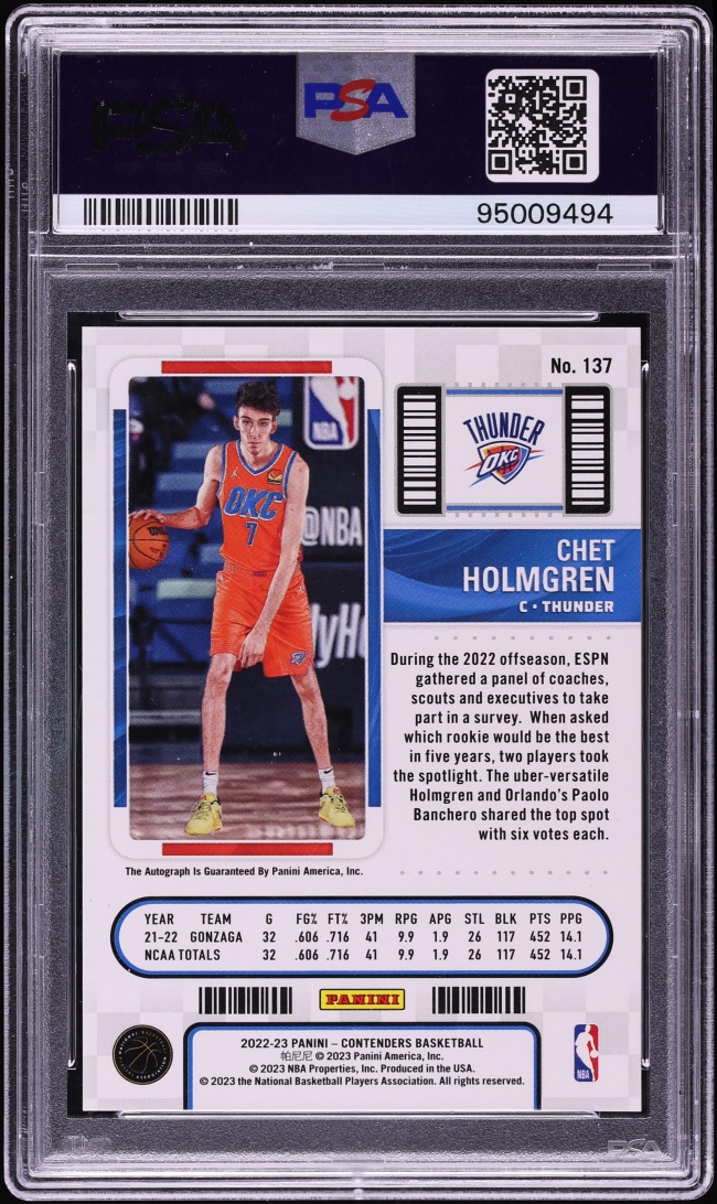 2022 Panini Contenders Playoff Chet Holmgren ROOKIE AUTO /99 #137 PSA 10 GEM MINT