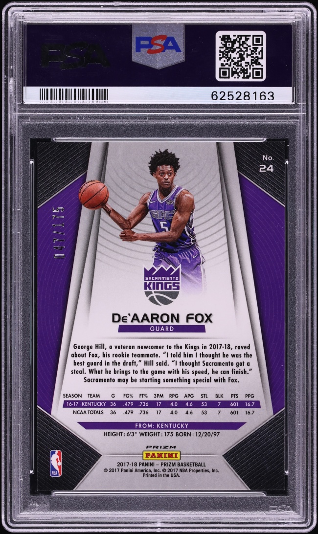 2017 Panini Prizm Fast Break Blue De'Aaron Fox ROOKIE /175 #24 PSA 10 GEM MINT