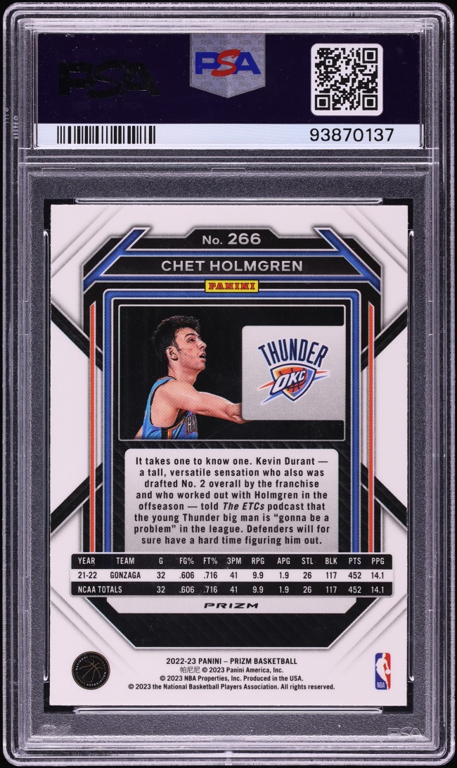2022 Panini Prizm Tiger Stripe Choice Chet Holmgren ROOKIE #266 PSA 10 GEM MINT