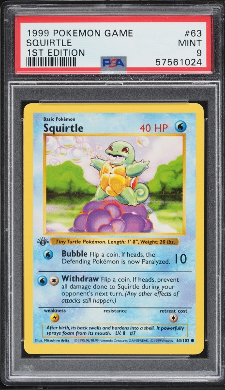 1999 Pokemon Base Set Shadowless 1st Edition Squirtle #63 PSA 9 MINT