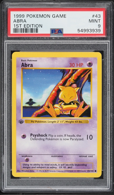 1999 Pokemon Base Set Shadowless 1st Edition Abra #43 PSA 9 MINT