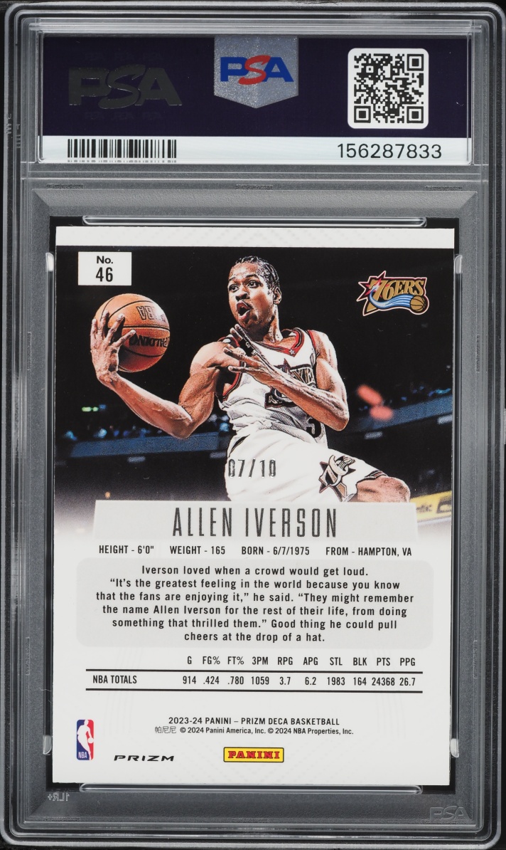 2023 Panini Prizm Deca Gold Allen Iverson /10 #46 PSA 9 MINT