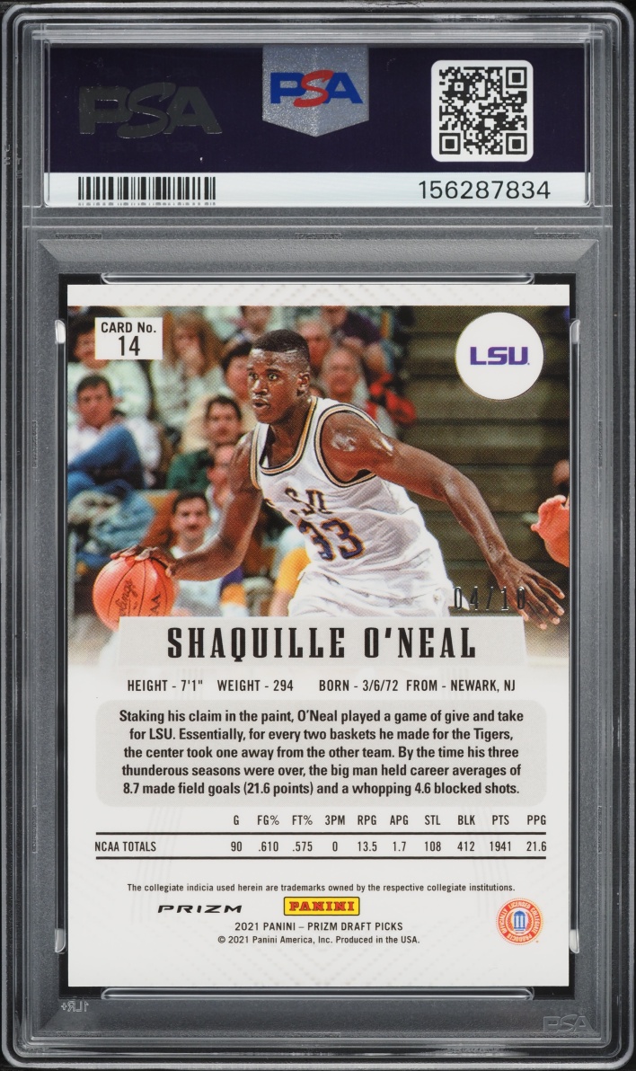 2021 Panini Prizm Draft Picks Flashback Gold Shaquille O'Neal /10 #14 PSA 10 GEM MINT