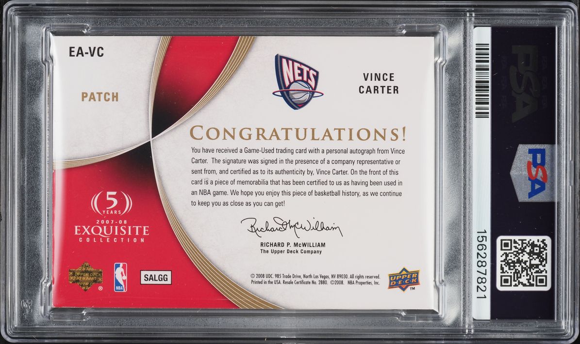 2007 Exquisite Collection Vince Carter AUTO PATCH /35 #EA-VC PSA 8 NM-MT