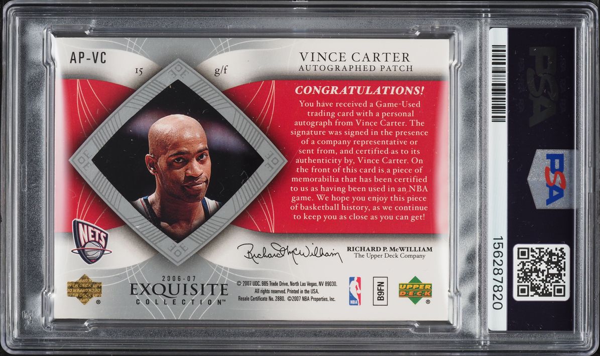 2006 Exquisite Collection Vince Carter AUTO PATCH /100 #AP-VC PSA 8 NM-MT
