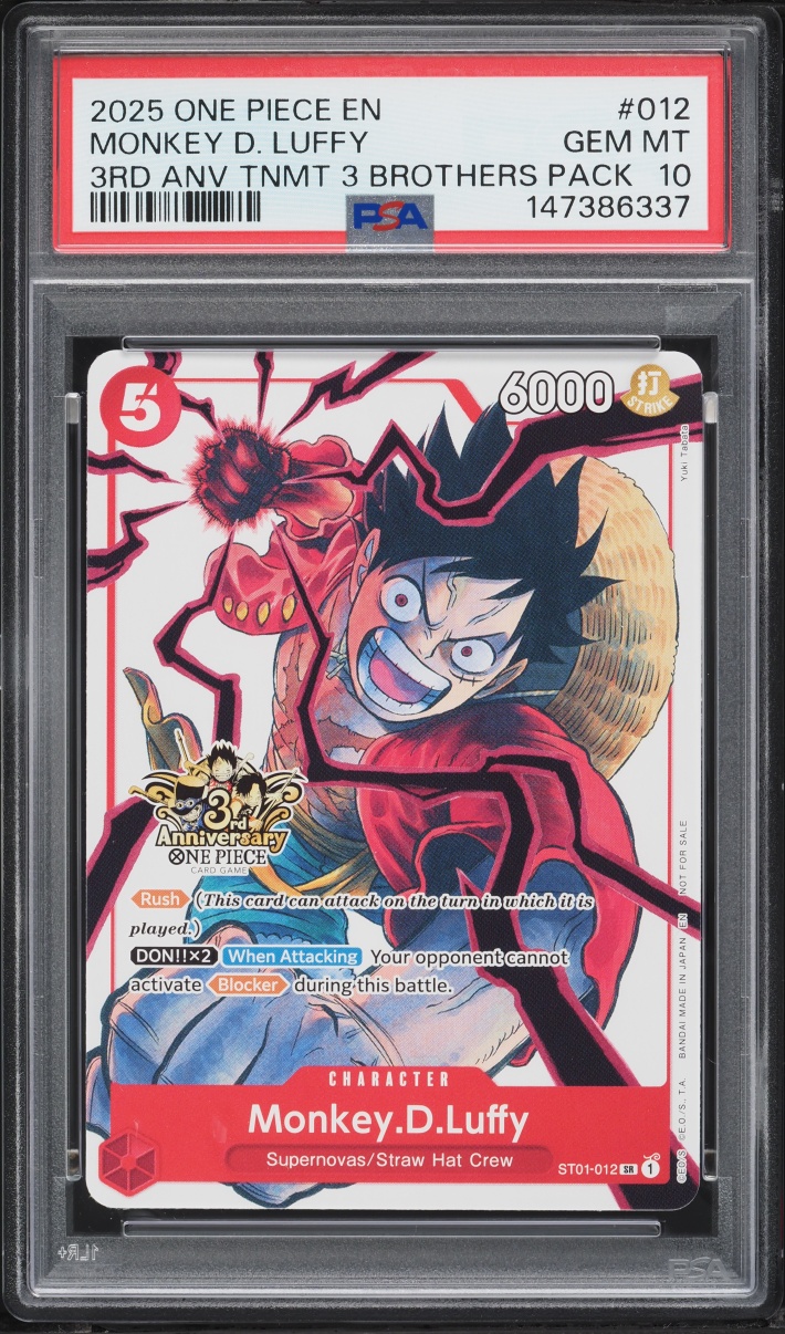 2025 One Piece Promo 3rd Anniversary Tournament 3 Brothers Alt Art SR Monkey D. Luffy PSA 10