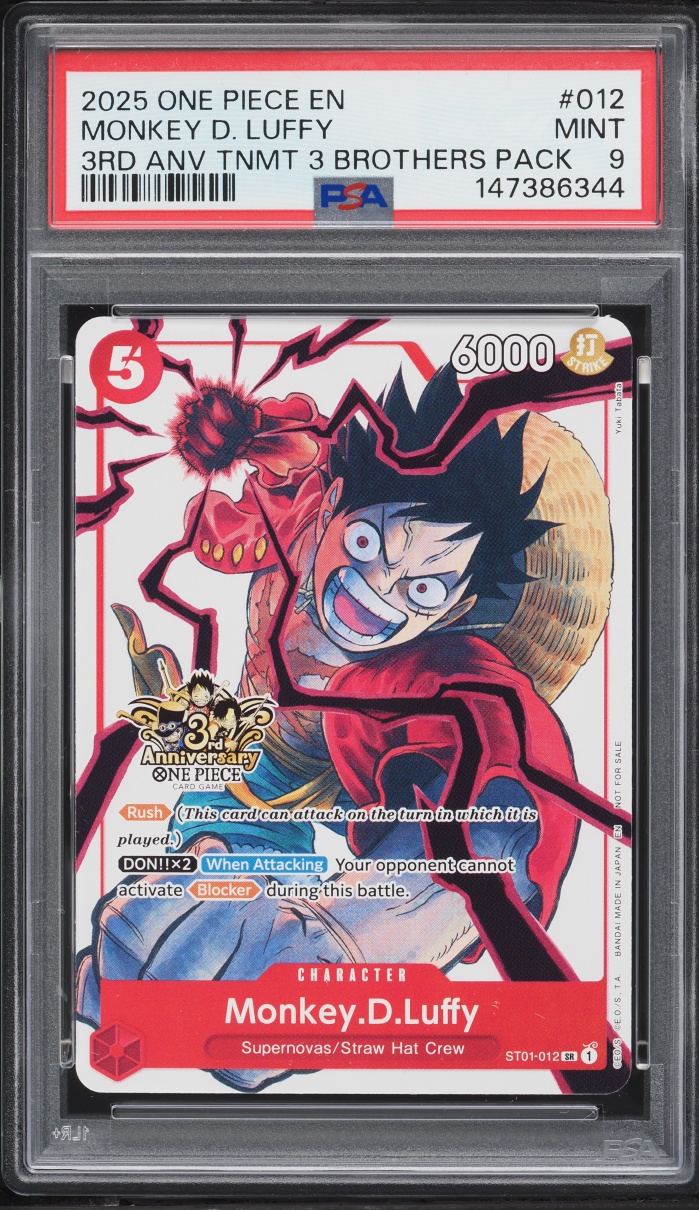 2025 One Piece Promo 3rd Anniversary Tournament 3 Brothers SR Monkey D. Luffy #ST01-012 PSA 9