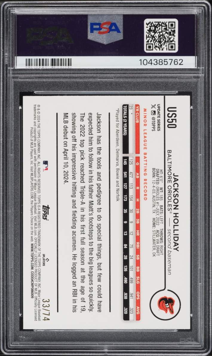 2024 Topps Update Black Jackson Holliday ROOKIE /74 #US50 PSA 10 GEM MINT