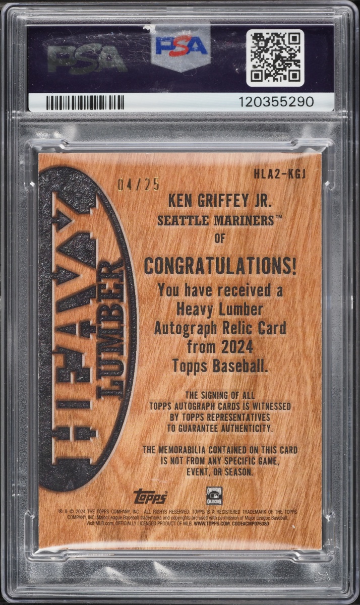 2024 Topps Heavy Lumber Relic Ken Griffey Jr. RELIC AUTO /25 #KGJ PSA 8 NM-MT