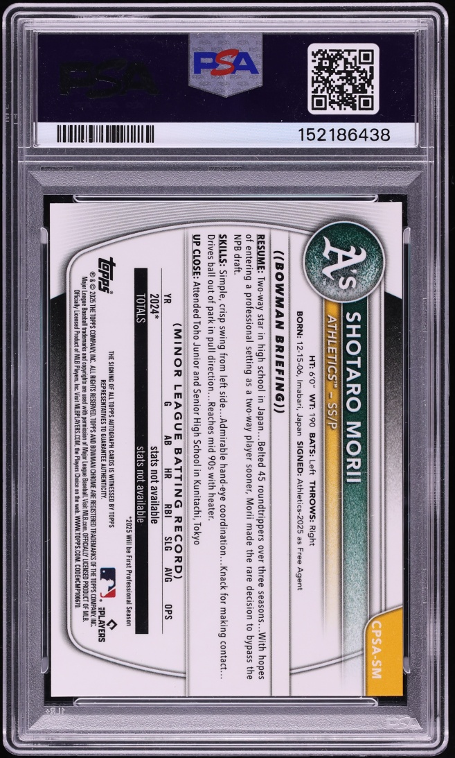2025 Bowman Chrome Sapphire Edition Green Shotaro Morii PROSPECT AUTO /99 #CPSA-SM PSA 9 MINT