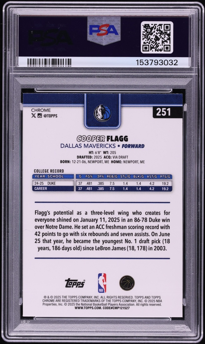 2025 Topps Chrome Cooper Flagg ROOKIE #251 PSA 10 GEM MINT