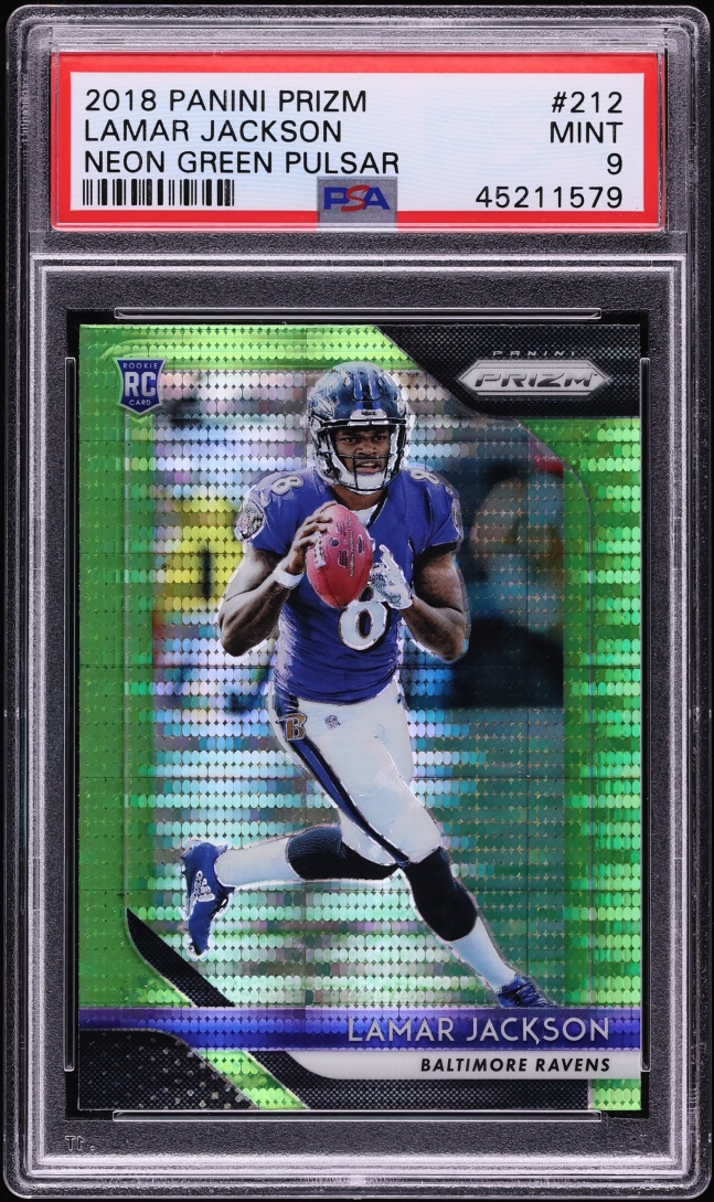 2018 Panini Prizm Neon Green Pulsar Lamar Jackson ROOKIE #212 PSA 9 MINT