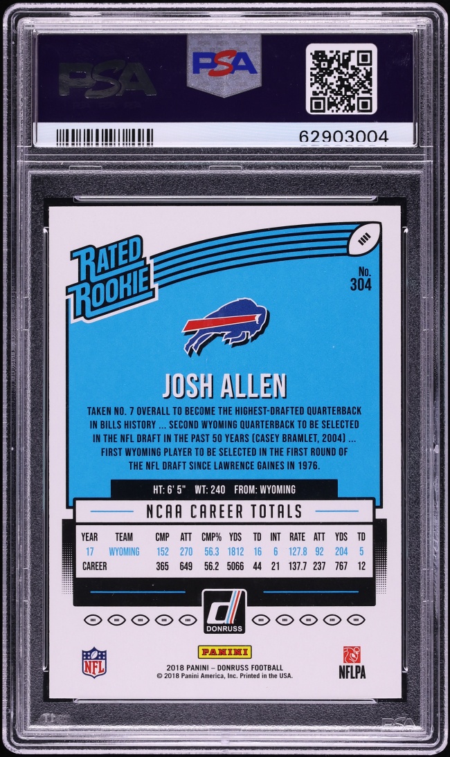 2018 Donruss Football Josh Allen ROOKIE #304 PSA 10 GEM MINT