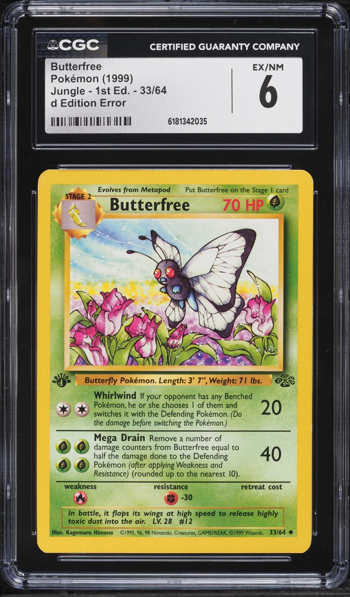 1999 Pokemon Jungle 1st Edition D Edition Error Butterfree #33 CGC 6 EXMT