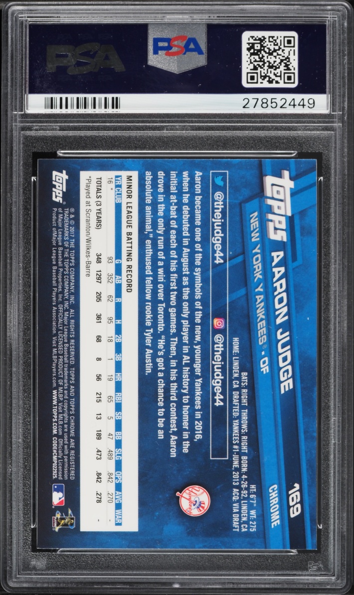 2017 Topps Chrome Prism Refractor Aaron Judge ROOKIE #169 PSA 10 GEM MINT