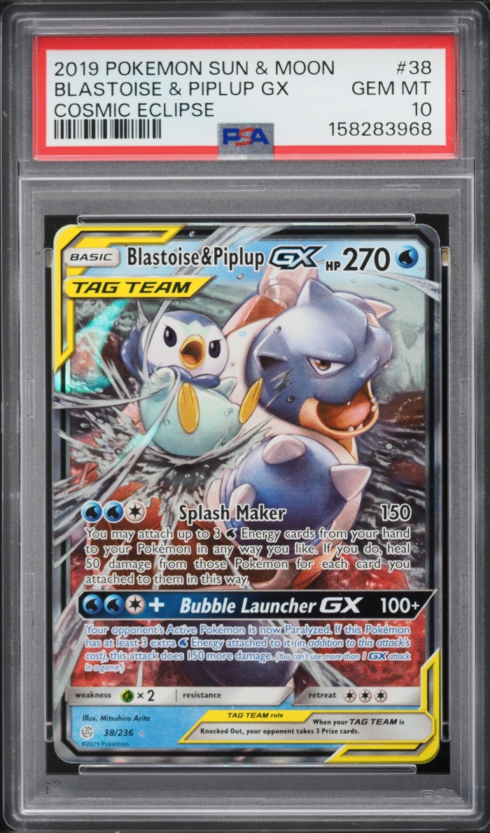 2019 Pokemon Sun & Moon Cosmic Eclipse Holo Blastoise & Piplup GX #38 PSA 10 GEM MINT
