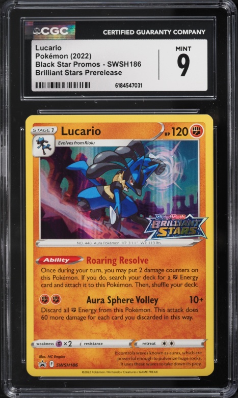 2022 Pokemon Sword & Shield Promo Brilliant Stars Prerelease Holo Lucario #SWSH186 CGC 9 MINT