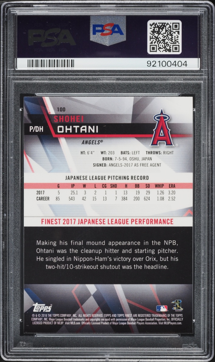 2018 Finest Shohei Ohtani ROOKIE #100 PSA 10 GEM MINT