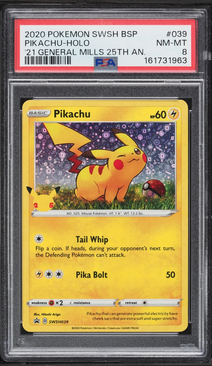 2020 Pokemon Sword & Shield Promo General Mills Sequin Holo Pikachu #39 PSA 8 NM-MT
