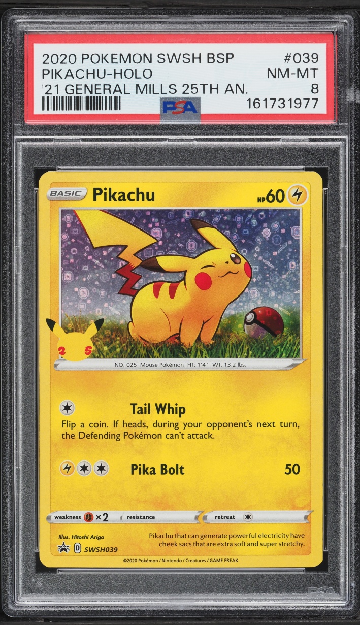 2020 Pokemon Sword & Shield Promo General Mills Sequin Holo Pikachu #39 PSA 8 NM-MT