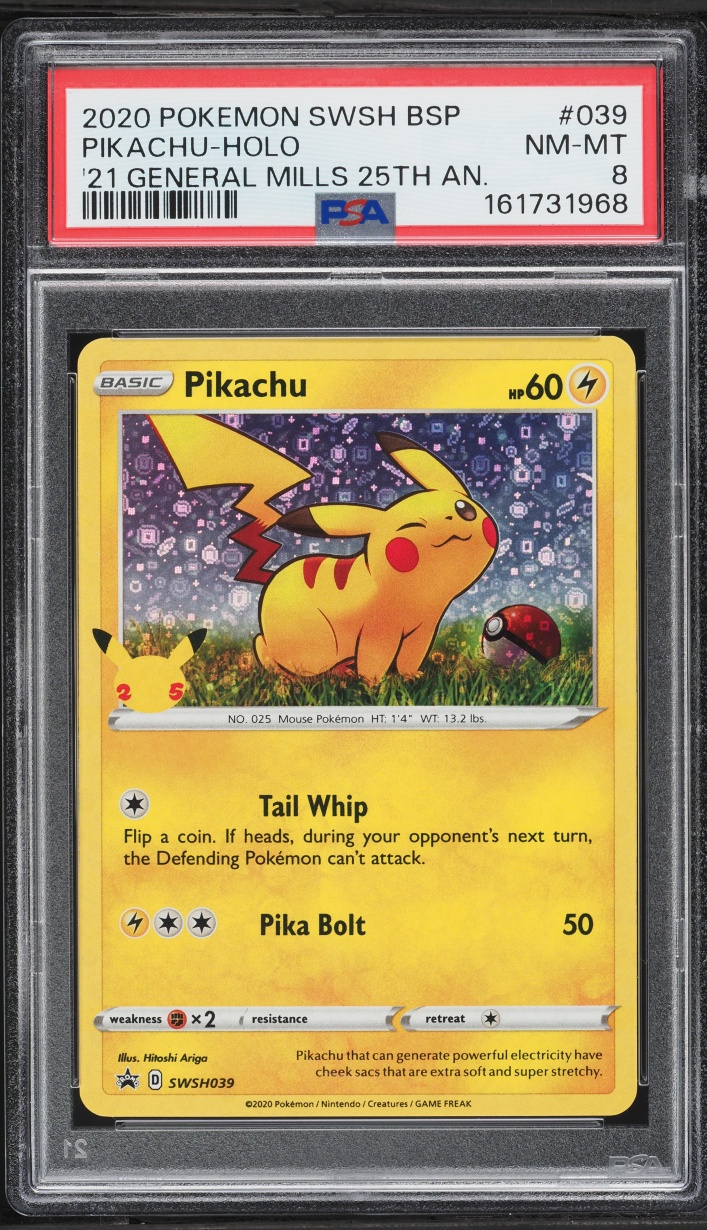 2020 Pokemon Sword & Shield Promo General Mills Sequin Holo Pikachu #39 PSA 8 NM-MT