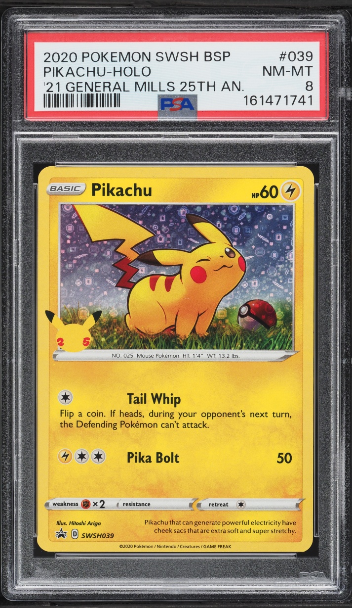 2020 Pokemon Sword & Shield Promo General Mills Sequin Holo Pikachu #39 PSA 8 NM-MT