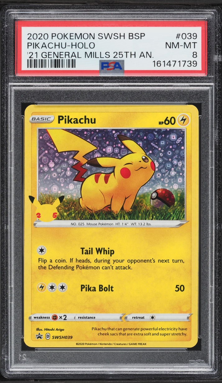 2020 Pokemon Sword & Shield Promo General Mills Sequin Holo Pikachu #39 PSA 8 NM-MT