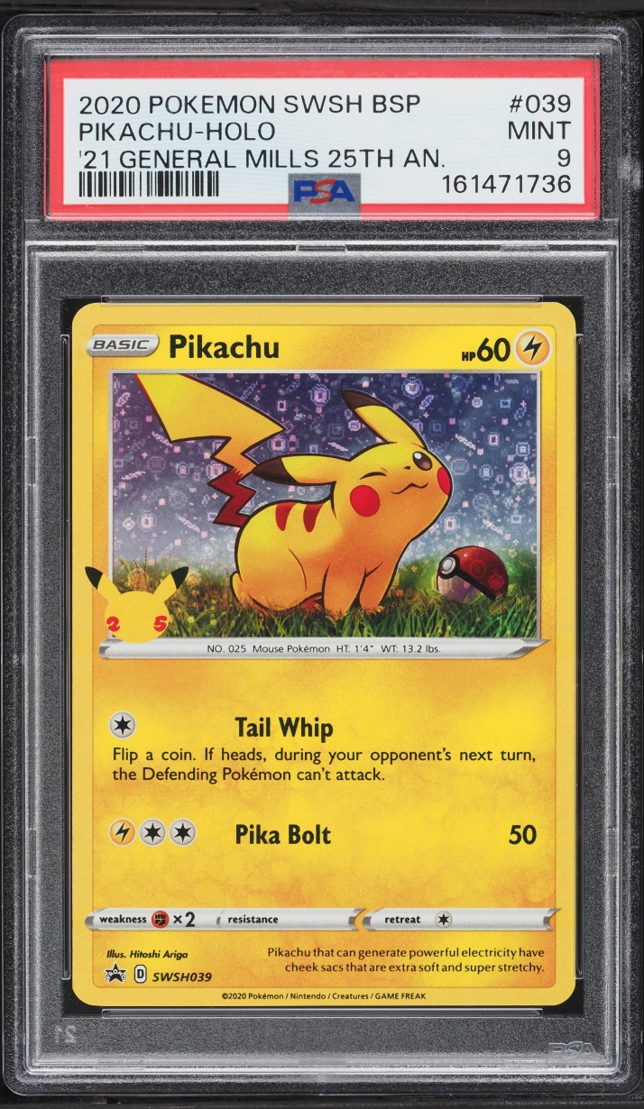 2020 Pokemon Sword & Shield Promo General Mills Sequin Holo Pikachu #39 PSA 9 MINT