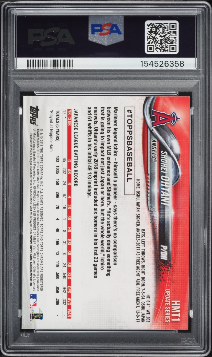 2018 Topps Chrome Update Shohei Ohtani ROOKIE #HMT1 PSA 10 GEM MINT