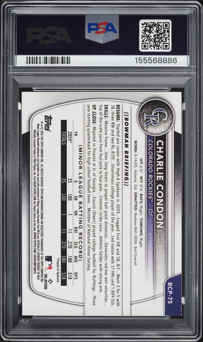 2025 Bowman Chrome Speckle Refractor Charlie Condon PROSPECT /299 #BCP-75 PSA 9 MINT